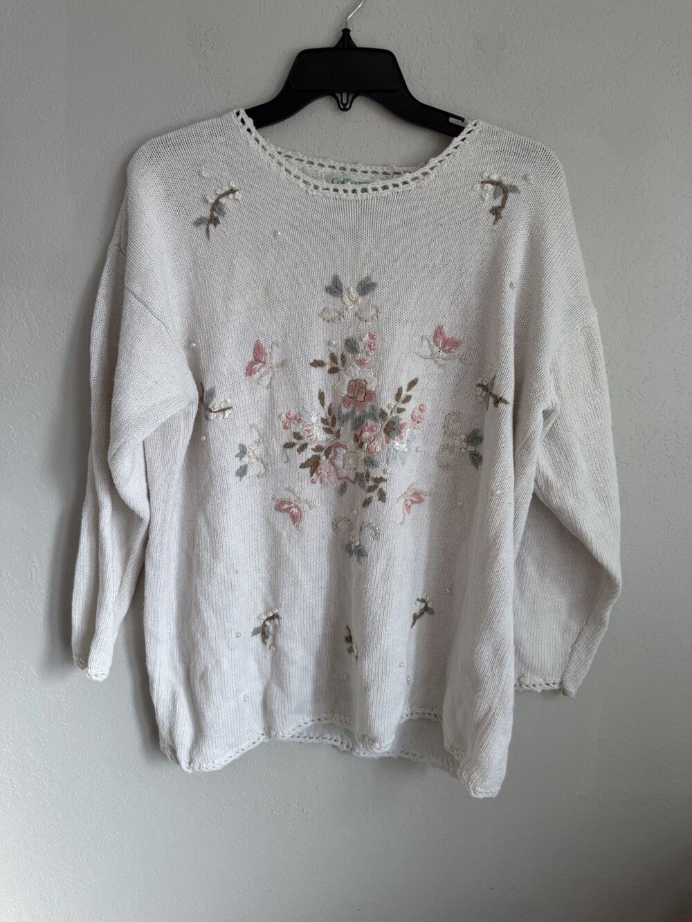 Vintage Colleens Collectables Cream Floral Embroidery Sweater Women L Grannycore